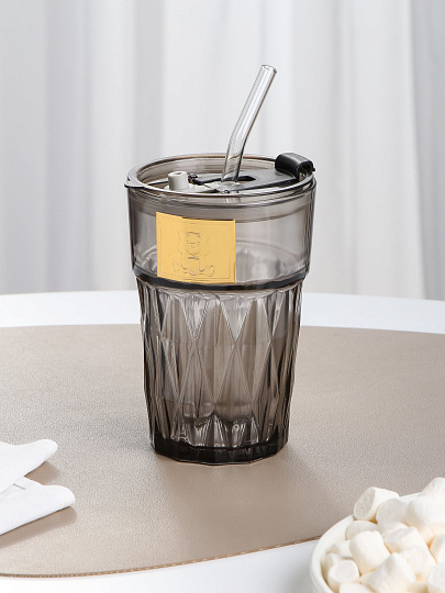 Стакан 450 мл, стекло, Smoke, с трубочкой, B060525