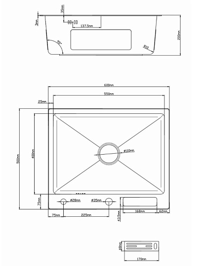 Мойка кухонная врезная, Diadonna, нержавеющая сталь, 500х600х200 мм, с PVD покрытием, сатин, DS5060