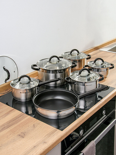 Набор посуды нержавеющая сталь, 12 предметов, кастрюли 1.6, 2.3, 3.2, 5.6 л, ковш 1.6 л, сковорода 24 см, сталь 304, индукция, Daniks, Палома, CW-H027