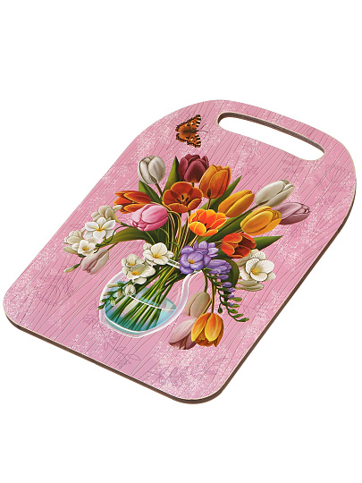 Доска разделочная дерево, 29х21х0.6 см, с ручкой, розовая, прямоугольная, Цветы в вазе, К-288