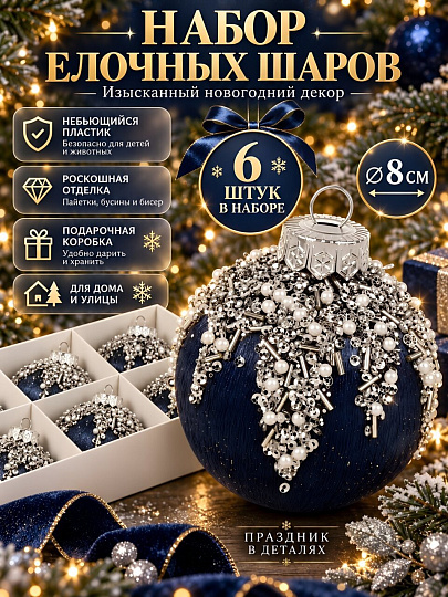 Елочный шар 6 шт, синий с серебром, 8 см, пластик, SYQB- 0124344