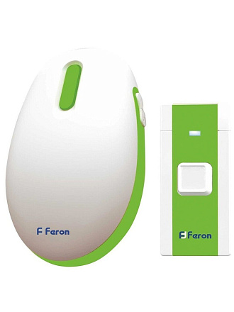Звонок дверной беспроводной, на батарейках, 36 мелодий, кнопка IP 20, 2 х 1.5 В, АА, белый, зеленый, Feron, Е375, 23688