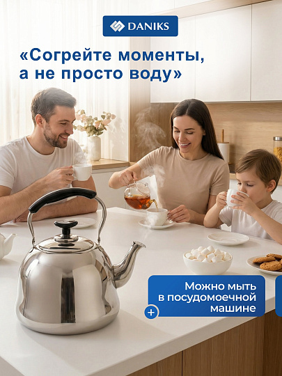 Чайник нержавеющая сталь, 5 л, со свистком, зеркальный, ручка металл, пластик, Daniks, GS-28224