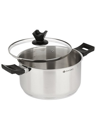 Кастрюля нержавеющая сталь, 5.5 л, крышка стекло, круглая, Daniks, WT-C334- 24CA, индукция