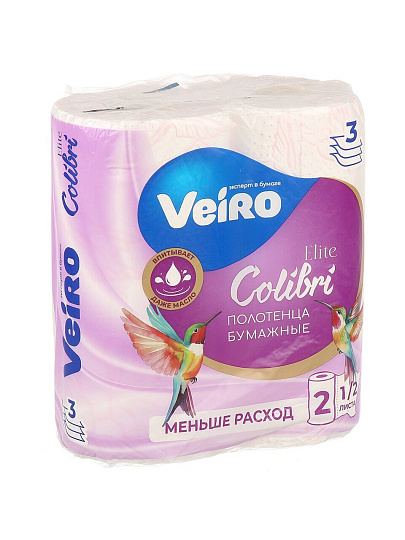 Полотенце бумажное 3 слоя, 2 рулона, 13.25 м, белое, Veiro, Colibri