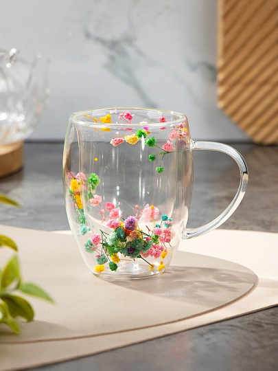 Кружка стекло, 350 мл, Сухоцветы, двойные стенки, в индивидуальной упаковке, B060692