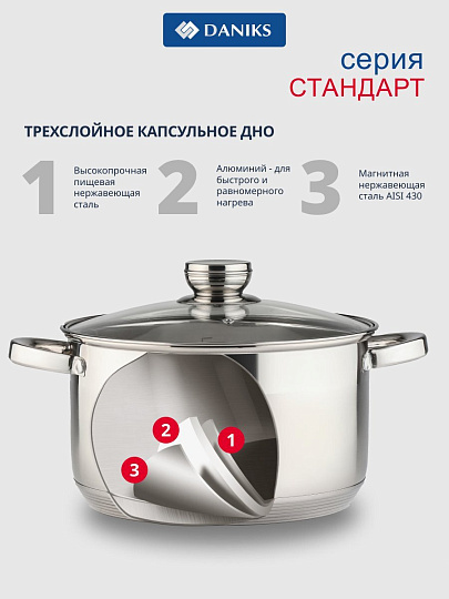 Набор посуды нержавеющая сталь, 6 предметов, кастрюли 1.9,2.9,4.75 л, индукция, Daniks, Стандарт-PR, SD-6-2