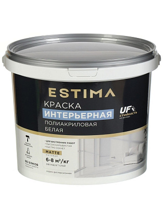Краска водно-дисперсионная, Estima, полиакриловая, интерьерная, матовая, белая, 6.5 кг