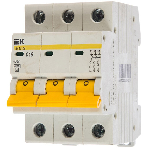 Автоматический выключатель на DIN-рейку, IEK, ВА47-29 3Р, 3 полюса, 16, 4.5 кА, 400 В, MVA20-3-016-C