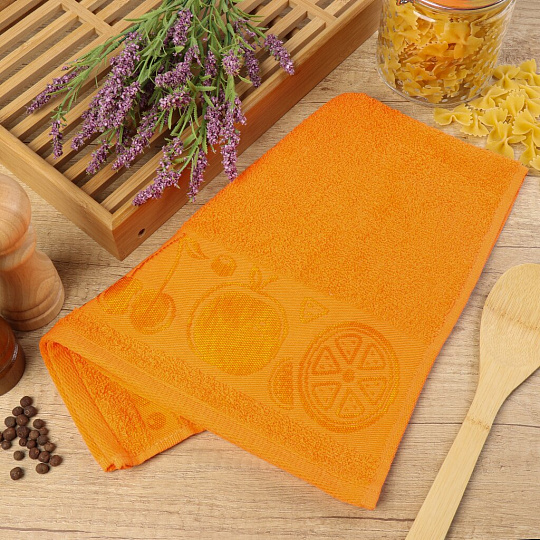 Полотенце кухонное махровое, 35х60 см, 100% хлопок, Вышневолоцкий текстиль, Жаккард Бордюр Фрукты, оранжевое, 302, Россия, Ж1-3560.969.375