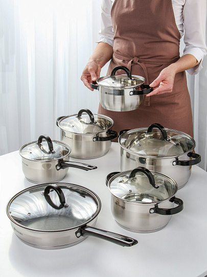 Набор посуды нержавеющая сталь, 12 предметов, кастрюли 1.6, 2.3, 3.2, 5.6 л, ковш 1.6 л, сковорода 24 см, сталь 304, индукция, Daniks, Палома, CW-H027