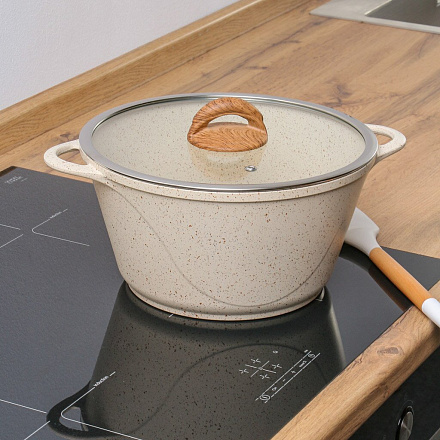 Кастрюля алюминий, антипригарное покрытие, 5 л, крышка стекло, Гурман, Estima, ГМк503 ЭБИ, бежевая, индукция