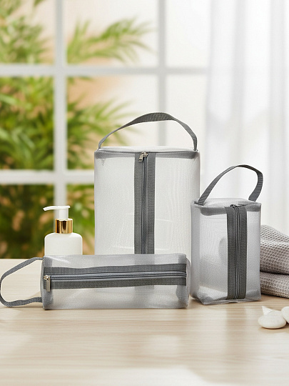 Набор косметичек 3 шт, 15х5х9 см, 21х5х6 см, 22х6х15 см, сетка, A080106, застежка молния, серый