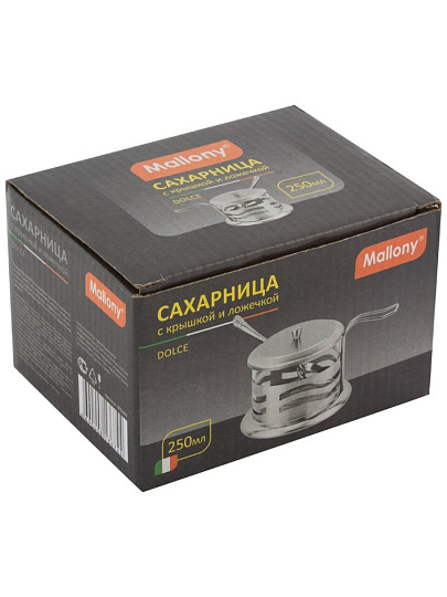 Сахарница 250 мл, нержавеющая сталь, стекло, с крышкой, с ложкой, Mallony, Dolce, Волна, 5489
