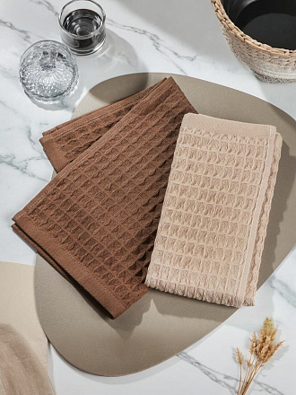 Набор полотенец кухонных 2 шт, 40х50 см, вафельный, 100% хлопок, 300 г/м2, Silvano, Лея, бежевый, коричневый, Узбекистан