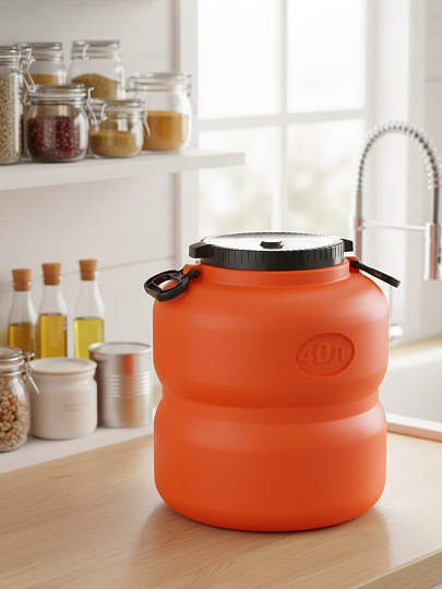 Канистра-бочка пластик, пищевая, 40 л, круглая, с ручками, оранжево-серая, М7599, Байкал, Альтернатива