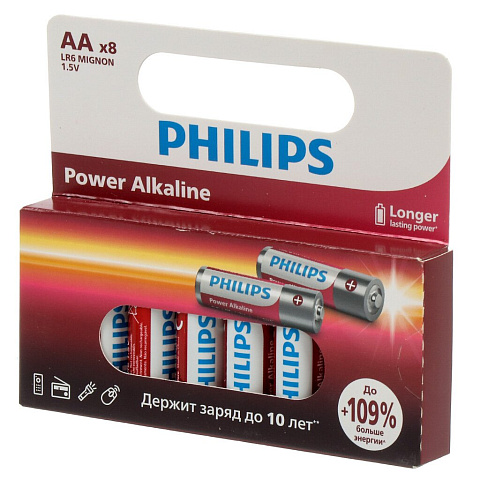 Батарейка Philips, АА (LR6-8BL), Power, алкалиновая, блистер, 8 шт, LR6P8W/51