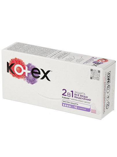 Прокладки женские Kotex, 2 в 1, ежедневные, 16 шт, длинные