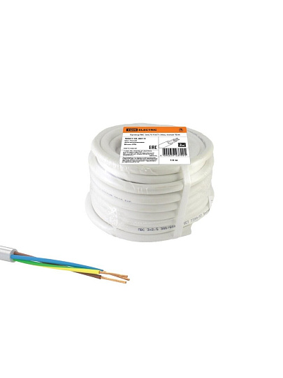 Кабель ПВС, 3х0.75 мм², 10 м, медь, гибкий, ГОСТ, белый, TDM Electric, SQ0118-0013