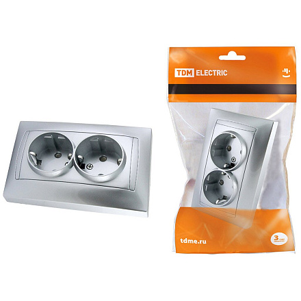 Розетка скрытой установки скрытой установки, 2 гнезда, с заземлением, 16 А, с защитными шторками, пластик, IP20, серебряный металлик, TDM Electric, Лама, SQ1815-0213