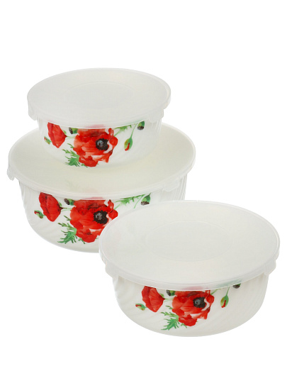 Салатник стеклокерамика, круглый, 3 шт, 9 см, 14. 16. 19 см, 0.5, 0.8, 1.4 л, с крышкой, Алый мак, Daniks