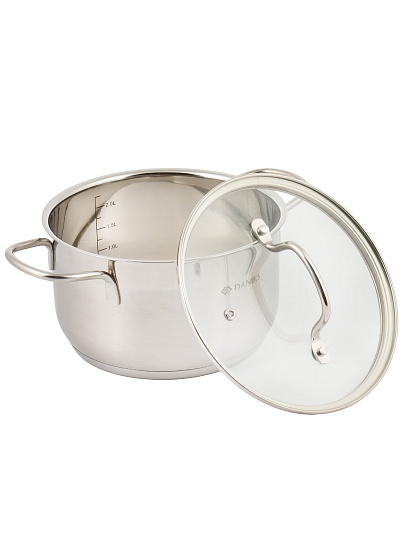Кастрюля нержавеющая сталь, 2.6 л, крышка стекло, сталь 304, Daniks, Нолан, GS-01363-18CA, индукция