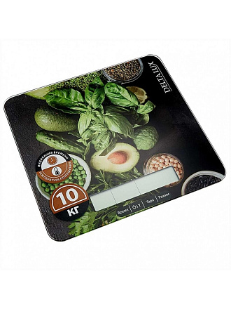 Весы кухонные электронные, стекло, Delta Lux, Салатный микс, платформа, точность 1 г, до 10 кг, LCD-дисплей, DE-005KE