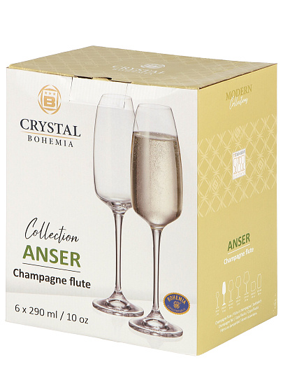 Бокал для шампанского, 290 мл, стекло, 6 шт, Bohemia, Anser, 91L/1SF00/0/00000/290-664