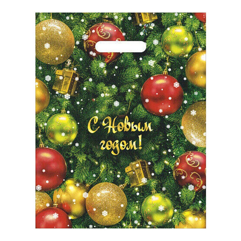 Пакет ПВД, 40х30 см, с прорезными ручками, рисунок в ассортименте, Елка, 6129