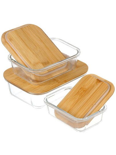 Контейнер пищевой стекло, 0.37, 0.64, 1.04 л, 3 шт, с бамбуковыми крышками, B150080