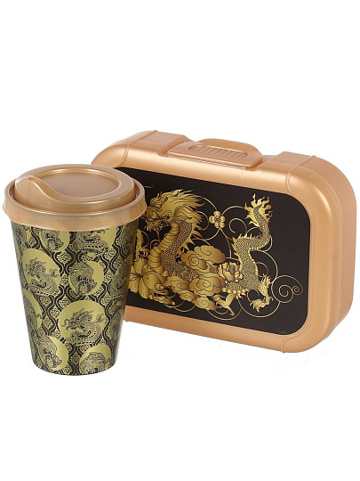 Набор посуды пластик, 0.85 л, 26.7х13х9.5 см, 2 шт, прямоугольный, ланч-бокс, стакан 420мл, с золотой крышкой, с декором, Дракон