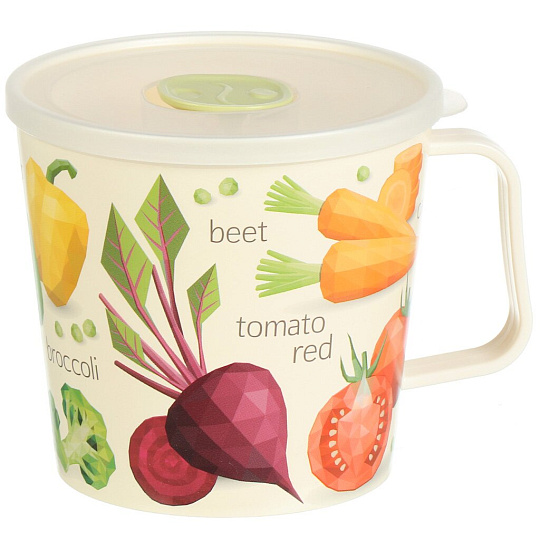 Контейнер-кружка пищевой пластик, 0.75 л, 11.1х11.1х10 см, светло-бежевый, круглый, с крышкой, с декором, Homver, 30725/01