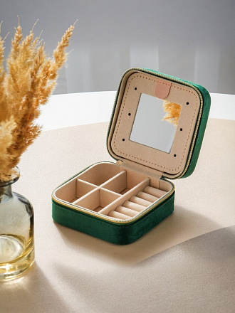 Шкатулка для украшений, вельвет, 10х10х5 см, темно-зеленая, A320031