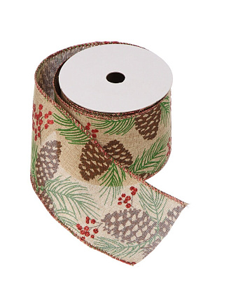Лента текстиль, 300х6.3 см, Шишки и ягоды, Y4-9549