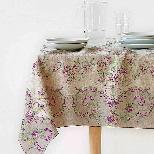 Скатерть 145х145 см, 100% полиэстер, рогожка, 140 г/м2, Шарлиз, Сиреневый букет, 499601