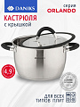Кастрюля нержавеющая сталь, 4.9 л, крышка стекло, Daniks, Орландо, GS-01435-22CA, индукция