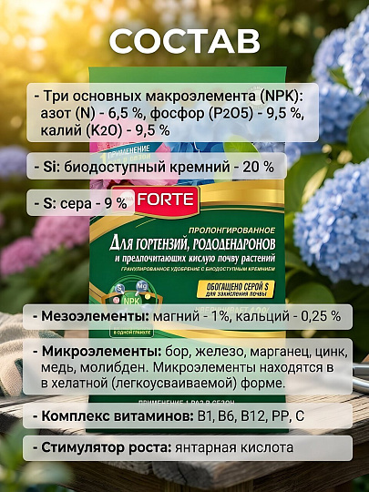 Удобрение для гортензий, рододендронов, пролонгированное, минеральное, гранулы, 2.5 кг, Bona Forte