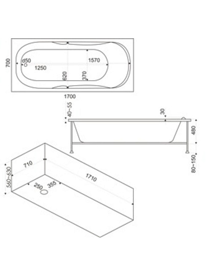 Ванна акрил BAS Нептун 170* 70*43см с каркасом