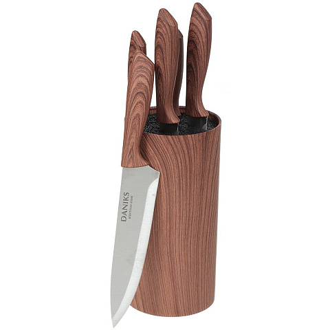 Набор ножей 6 предметов, 20 см, 20 см, 20 см, 12 см, 8.5 см, сталь, рукоятка пластик, с подставкой, дерево, Daniks, YW-A101