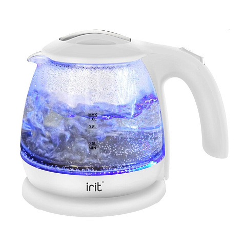 Чайник электрический Irit, IR-1116, белый, 1 л, 1500 Вт, скрытый нагревательный элемент, стекло