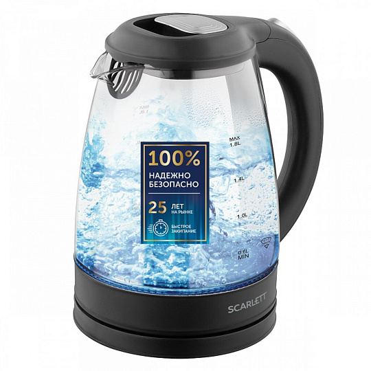 Чайник электрический Scarlett, SC-EK27G67, черный, 1.8 л, 2000 Вт, скрытый нагревательный элемент, стекло