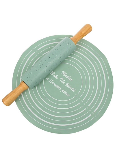 Набор для выпечки силикон, бамбук, скалка 38 см+коврик круглый 33 см, Мята, Y4-9629