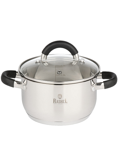 Кастрюля нержавеющая сталь, 1.9 л, крышка стекло, ручки силикон, RasheL, R-190к, индукция