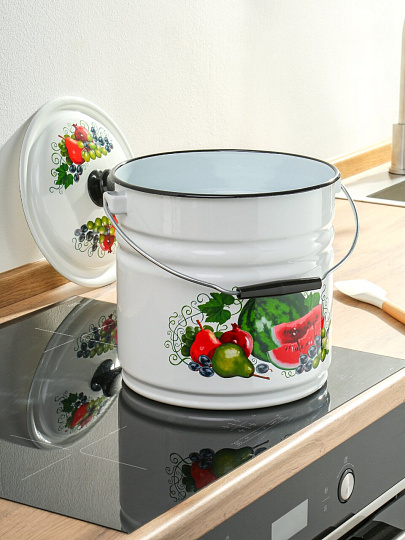 Ведро сталь, эмалированное, 12 л, с крышкой, белое, цельноштампованное, Керченский металлургический завод, Восточные дары, 41204-242/6-У2