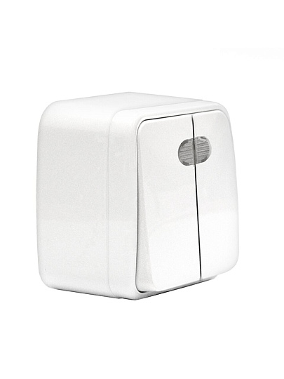 Выключатель открытой установки, двухклавишный, 10 А, пластик, подсветка, белый, Союз, Электра, 0030