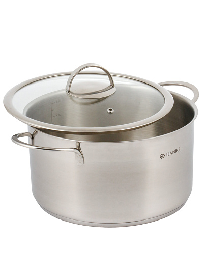 Кастрюля нержавеющая сталь, 5.8 л, крышка стекло, Daniks, Бонн, GS-01319-24CA, индукция