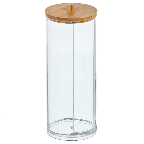 Контейнер для ватных дисков, 7.5х7.5х19 см, бамбуковая крышка, пластик, прозрачный, Y4-7849