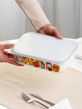 Лоток сталь, эмалированное покрытие, 1.5 л, 22х15х6.5 см, прямоугольный, крышка пластик, Керченский металлургический завод, Пряничный домик, 42504-082/4.03-У9