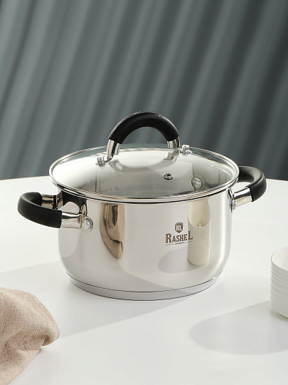 Кастрюля нержавеющая сталь, 2.6 л, крышка стекло, ручки силикон, RasheL, R-260к, индукция