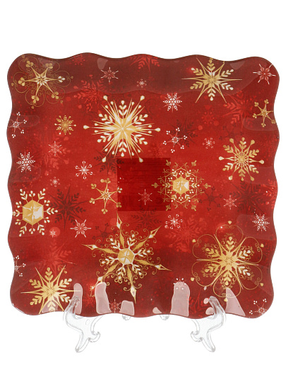 Тарелка стекло, 20 см, квадрат, рифлен, Снежинки на красном, Daniks